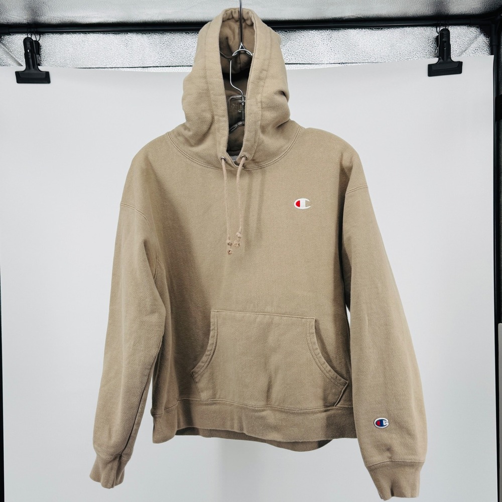 Vintage Champion Reverse Weave Hoodie Men's Large‎ Beige Pullover Sweatshirt Y2K